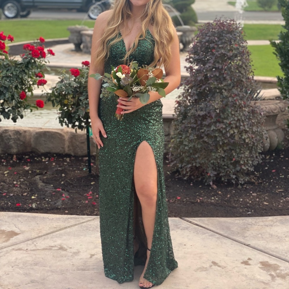 wish boutique long sparkly emerald green dress with a slit